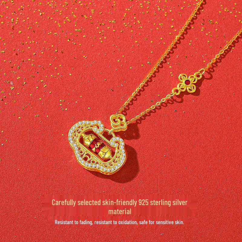 Tichiya Ruyi Lock Necklace for Women, S925 Sterling Silver, Gold Filigree, New Chinese Style, High-End Peace Lock Design. 925 Silver