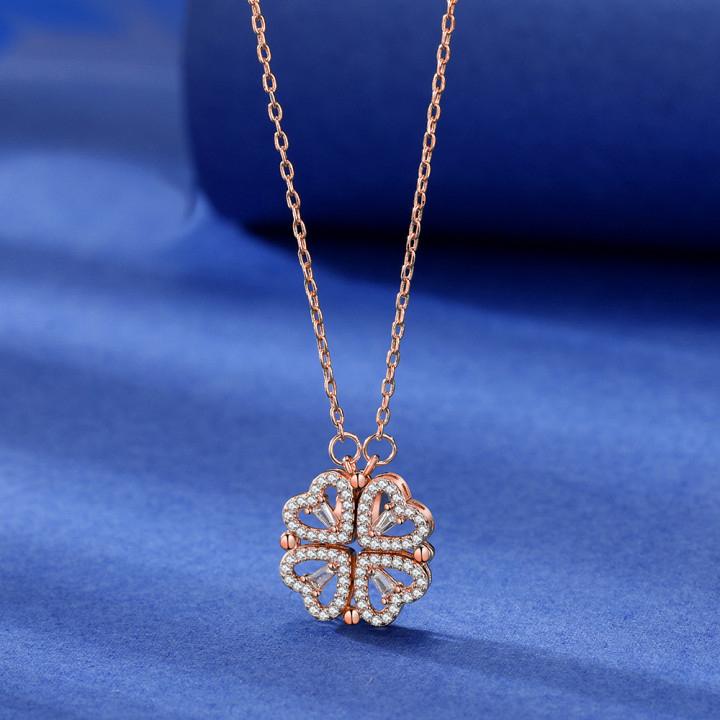 

CARLIDANA Transform Luxury Four Leaf Clover Pendant Necklace Crystal Gold Color Heart Love Jewelry for Women Gift 45cm розового золота