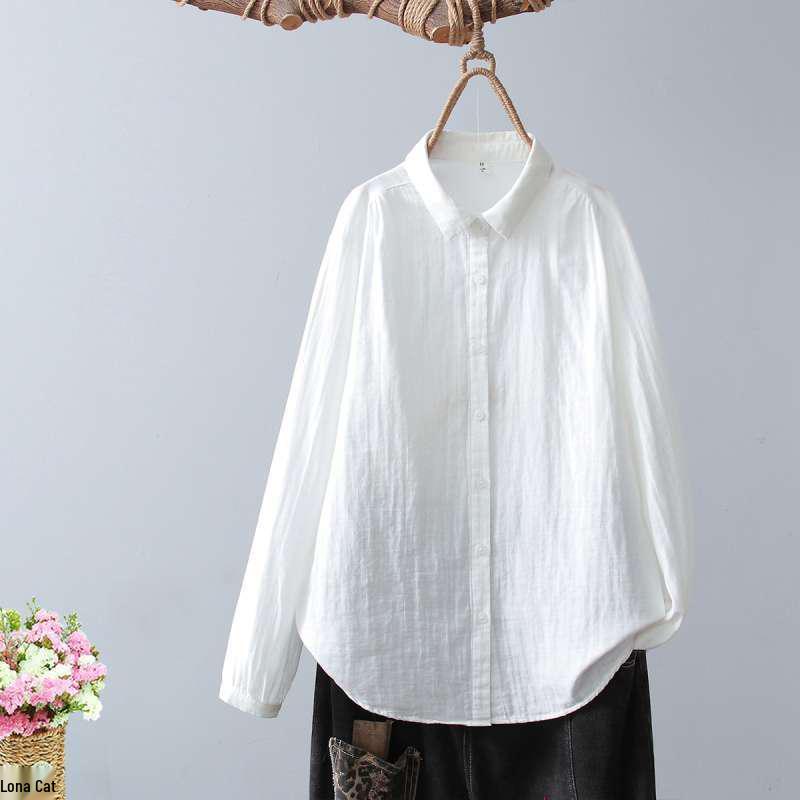 Women's Soft Cotton Double Layer Gauze Long Sleeve Shirt, Versatile with Pointed Collar