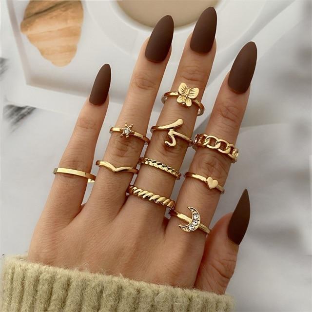 Sada prstenů s českým zlatým řetízkem pro ženy Fashion Boho Coin Snake Moon Rings Dárkové šperky Party Trend