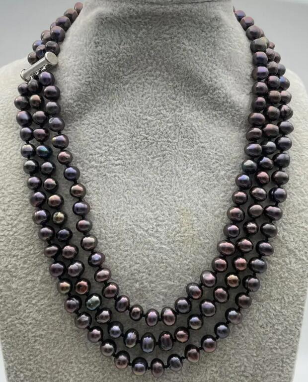 

НОВОЕ 3-рядное черное круглое колье с культивированным пресноводным жемчугом диаметром 6–7 мм