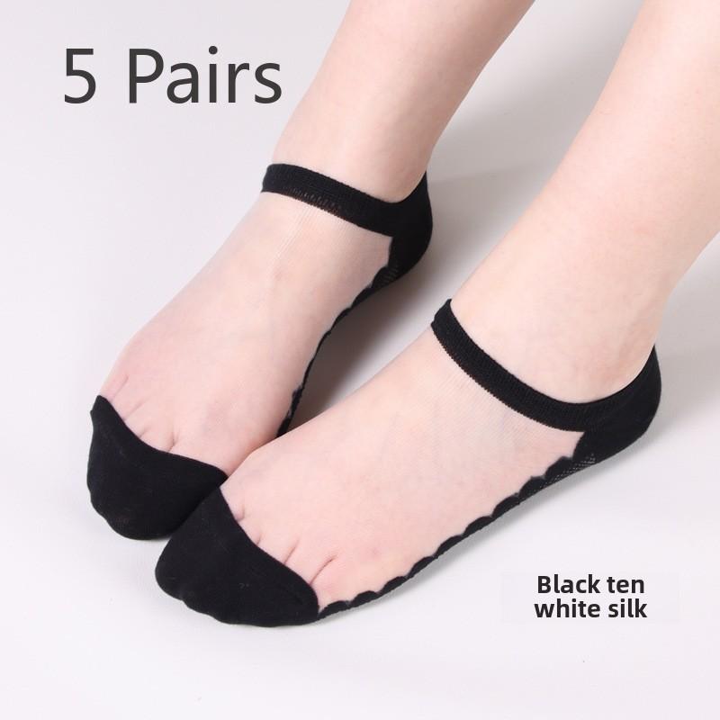 

5 пар тонких невидимых носков на весну и лето, износостойкие, антизацепляющие, летние, прозрачные, со стразами, хлопковые женские носки-лодочки 5 Pairs чёрный/белый