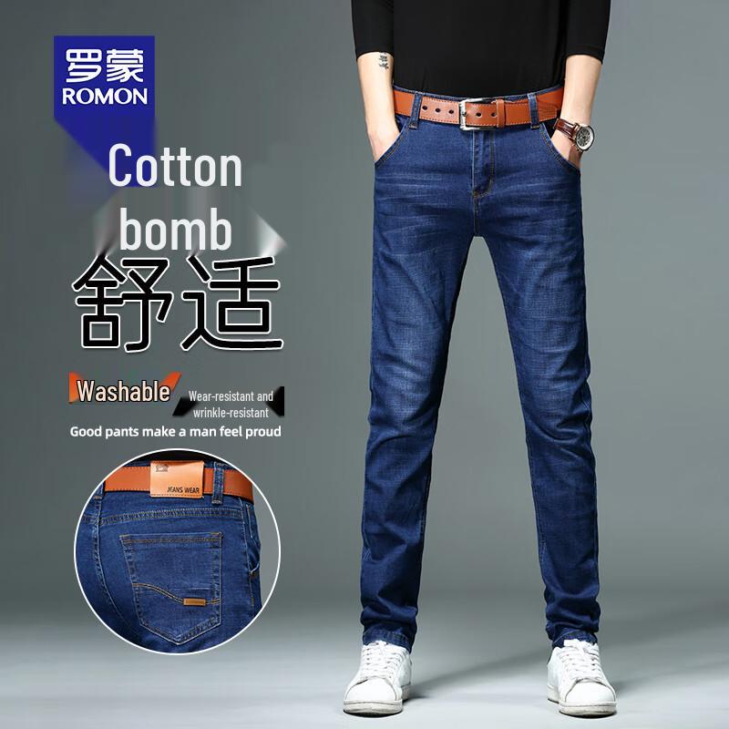 

ROMON Men s Thickened Elastic Straight-Leg Denim Casual Pants 34