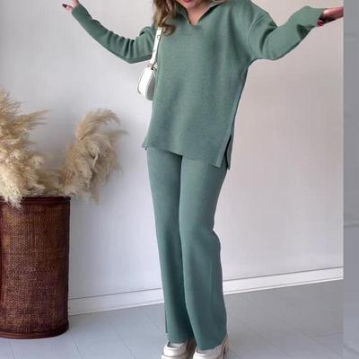 2023 Autumn/Winter European & American Solid Color POLO Collar Casual Slit Sweater Set