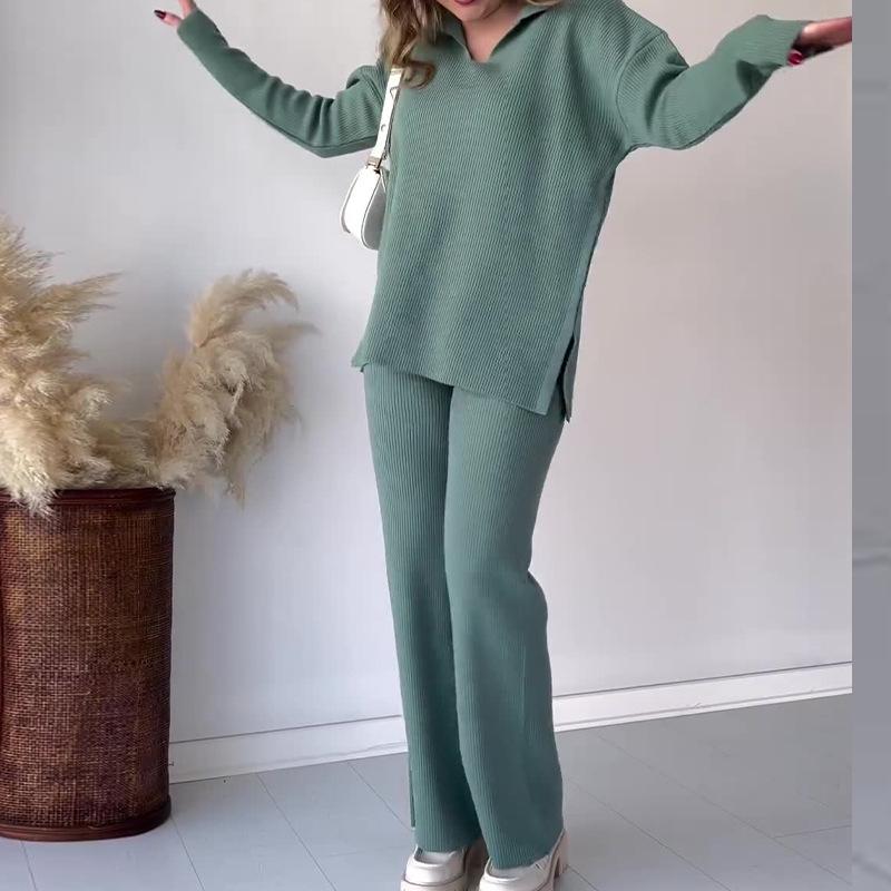 

2023 Осень/Зима Европейский и Американский Однотонный Повседневный Комплект Свитеров с Разрезом и Воротником ПОЛО L