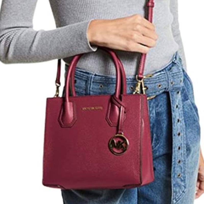 Michael Kors MK Mercer 22 Central Zipper Compartment Pebbled Leather Tote Bag Women handbags Deep-Rose 35S1GM9M2L-691