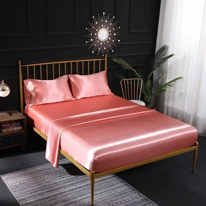 Luxury Satin Bed Sheets Set King Queen Size Fitted Sheet with Pillowcases Single Double Home Solid Color Faux Silk Bedding Set