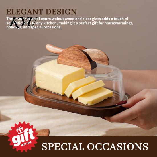 Kitchen Gadgets for Bread Spreading Wooden Butter Dish with Glass Lid And Knife, Holder Keeper Wood Base Countertop & Refrigerator, Tray, Container,