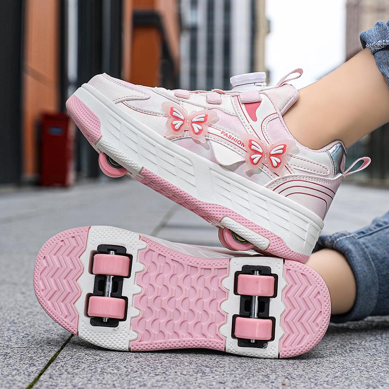 Girls's Rotating Button Four Wheel Skate Roller Shoes Roller Skating Removable  Kids Shoes with Wheels
