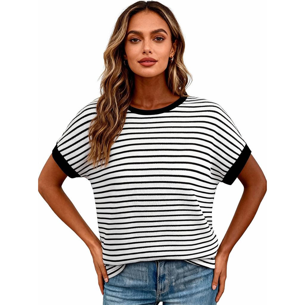 Dames Casual Gestreept Gebreid Top met Korte Mouwen