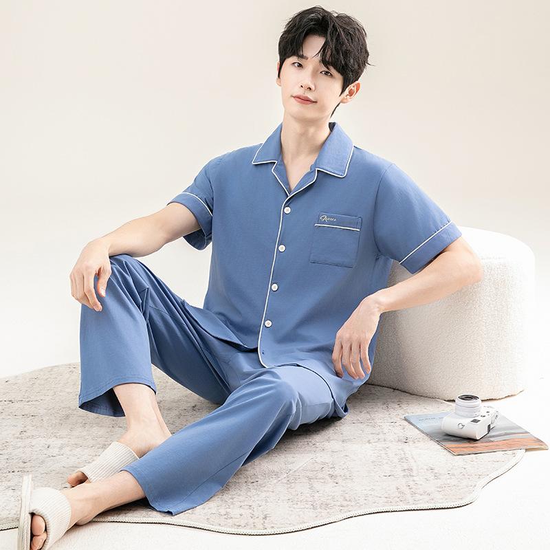 Pajamas men's 1011 new spring and summer pure cotton short-sleeved trousers youth thin can be worn outside loungewear summer suit