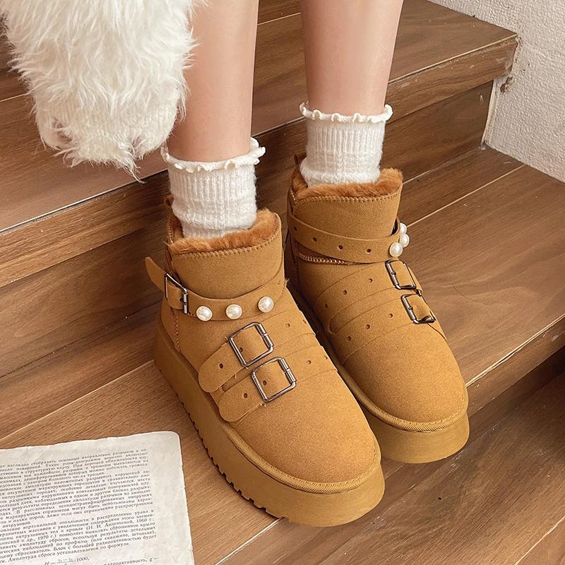 Fashion Fashion Suede Women Ankle Snow Boots Winter Pearl Belt Buckle Designer Short Plush Warm 2025 Trend Cozy Women Shoes Botas Mujer