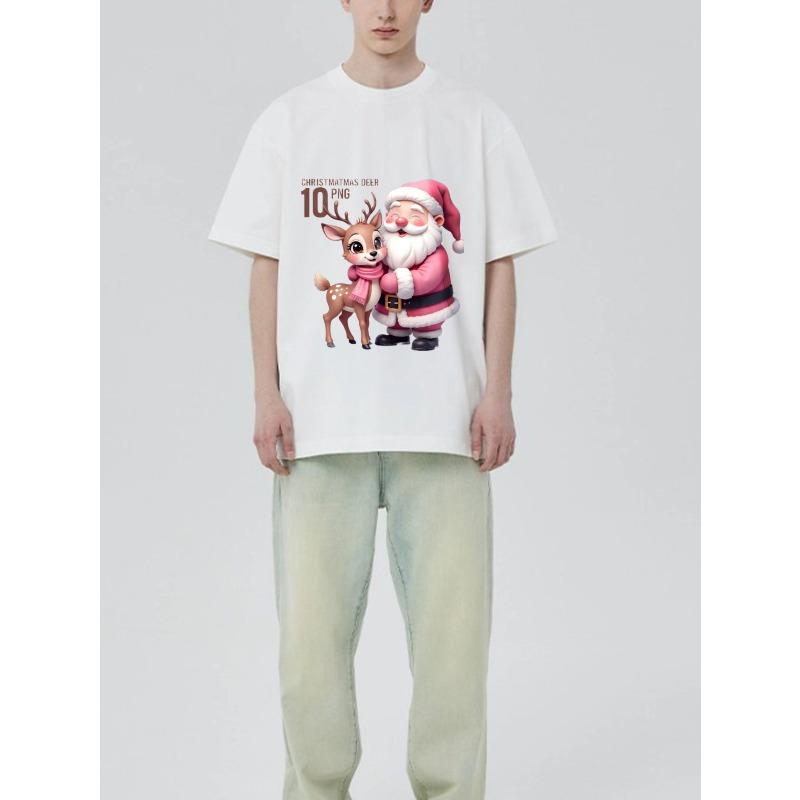 Christmas T Shirt Black Santa Claus and Deer Cartoon Print for Holiday Season