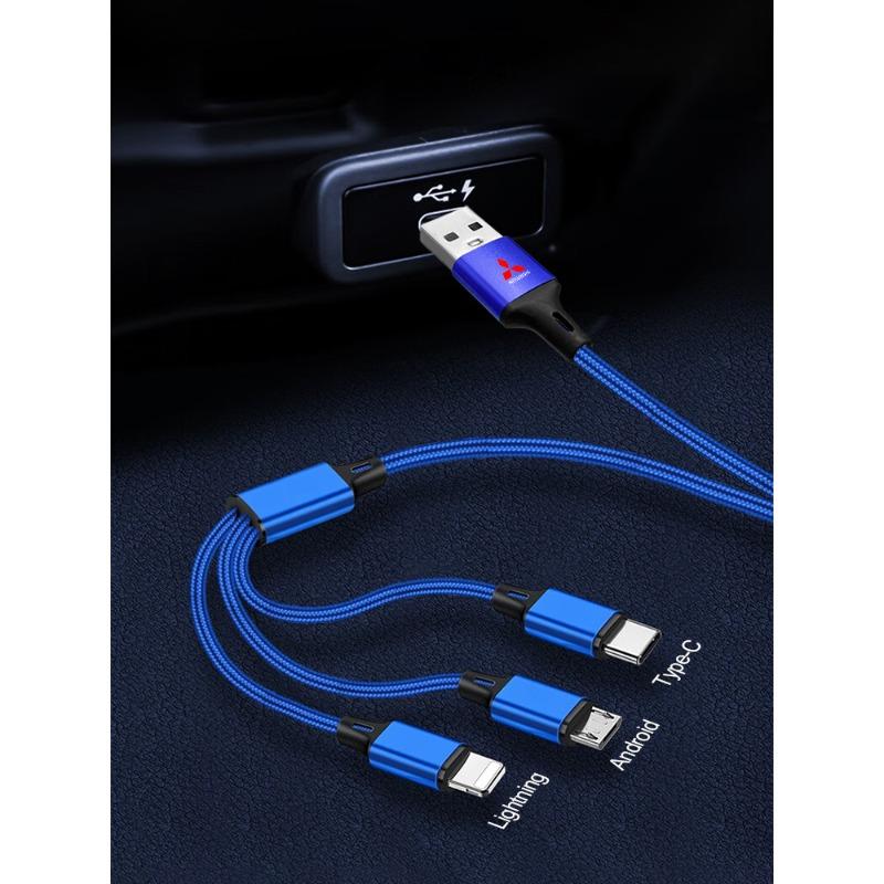 Car Emblem 3 In 1 Type C Lightning Micro USB Fast Charging Cable For Mitsubishi ASX Lancer Pajero Outlander L200 EVO Lancer EX