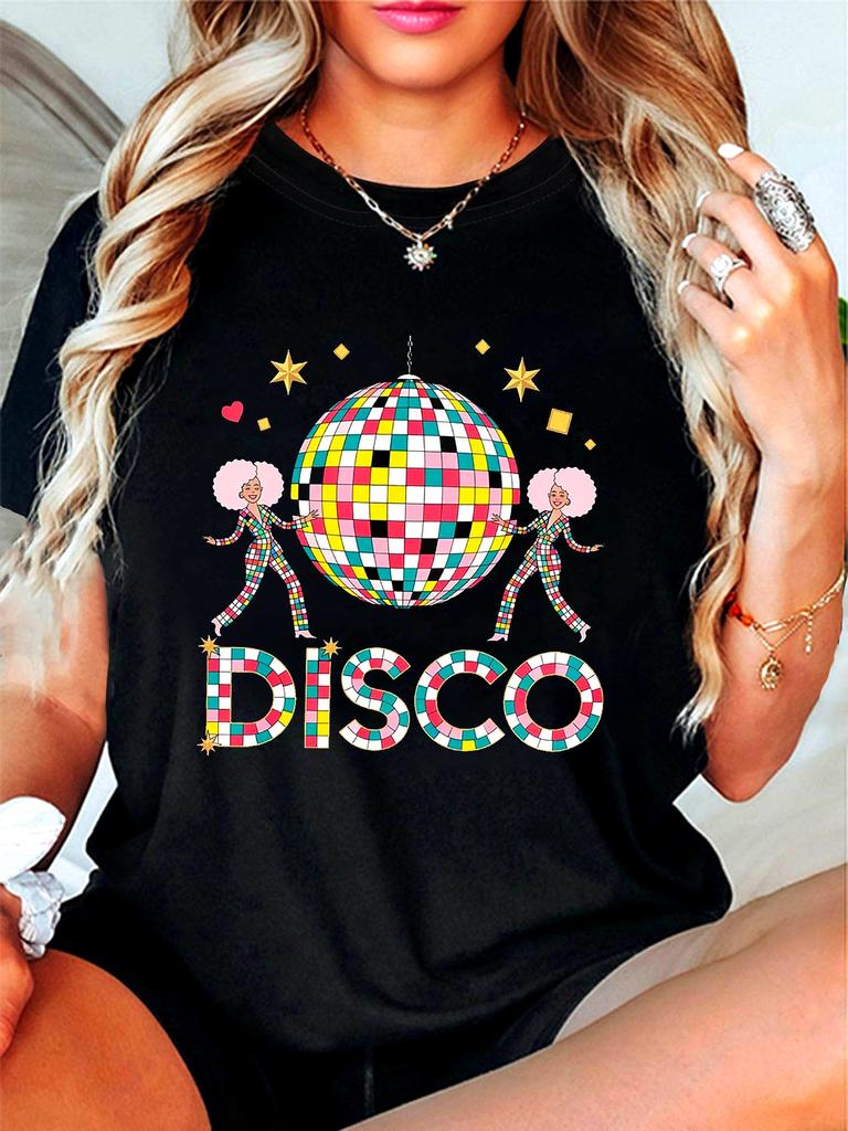 Übergröße, DISCO Grafikdruck Übergröße Damen T-Shirt, Kurzarm Rundhals Freizeit Oberteil für Sommer & Frühling, Damenbekleidung