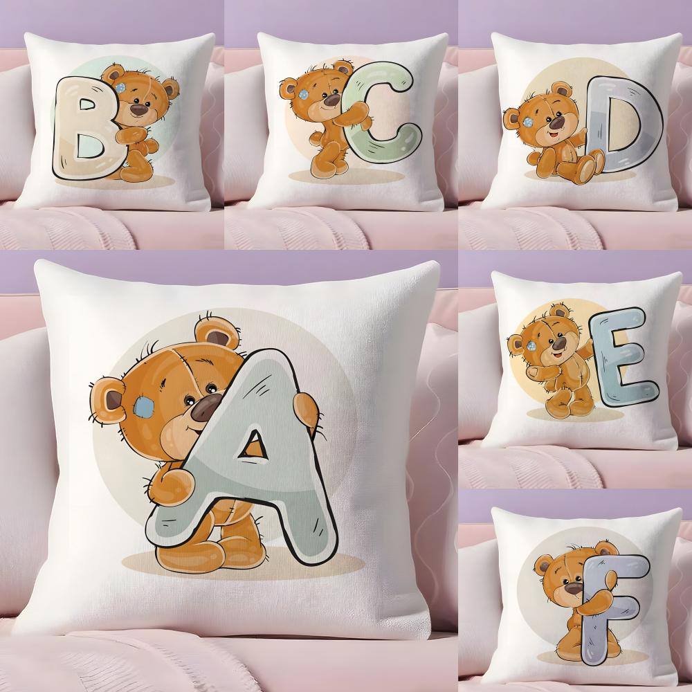 Cute Cartoon Bear Animal Letter Cushion Cover Plush Fabric Soft DoubleSided Printed Sofa Warm Winter Home Gift Pillow Cover