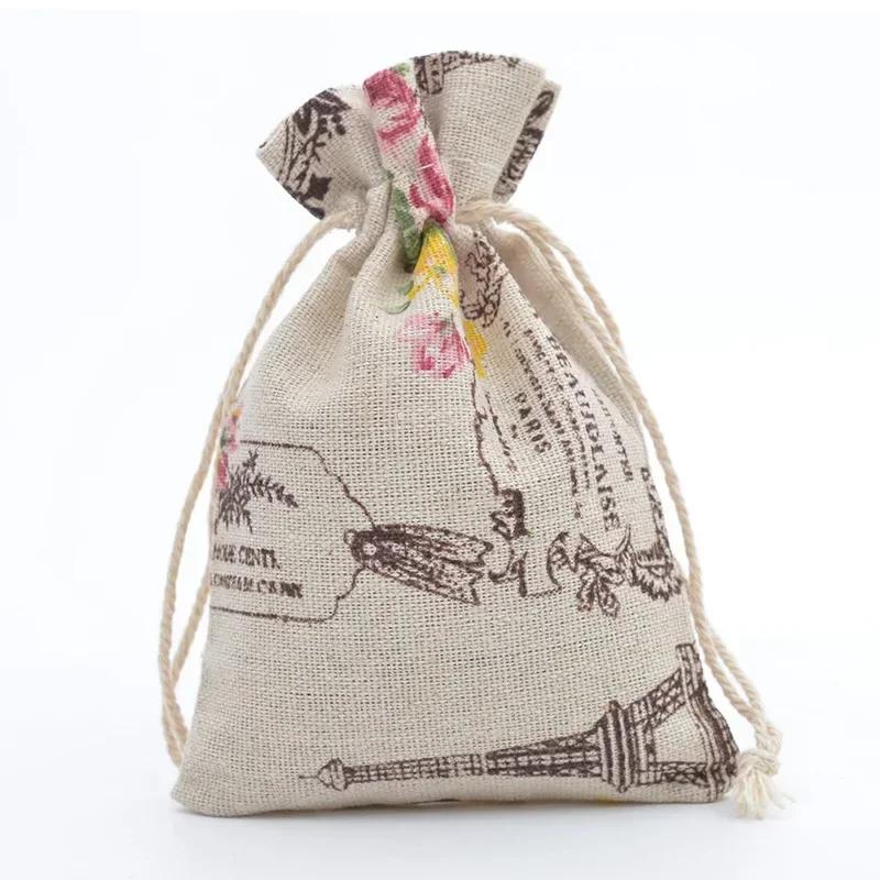 10pc Drawstring Cotton Linen Print Organizer 10x14/13x18cm Women Jewelry Cosmetics Cloth Bag Christmas Gift Bag Party Decoration