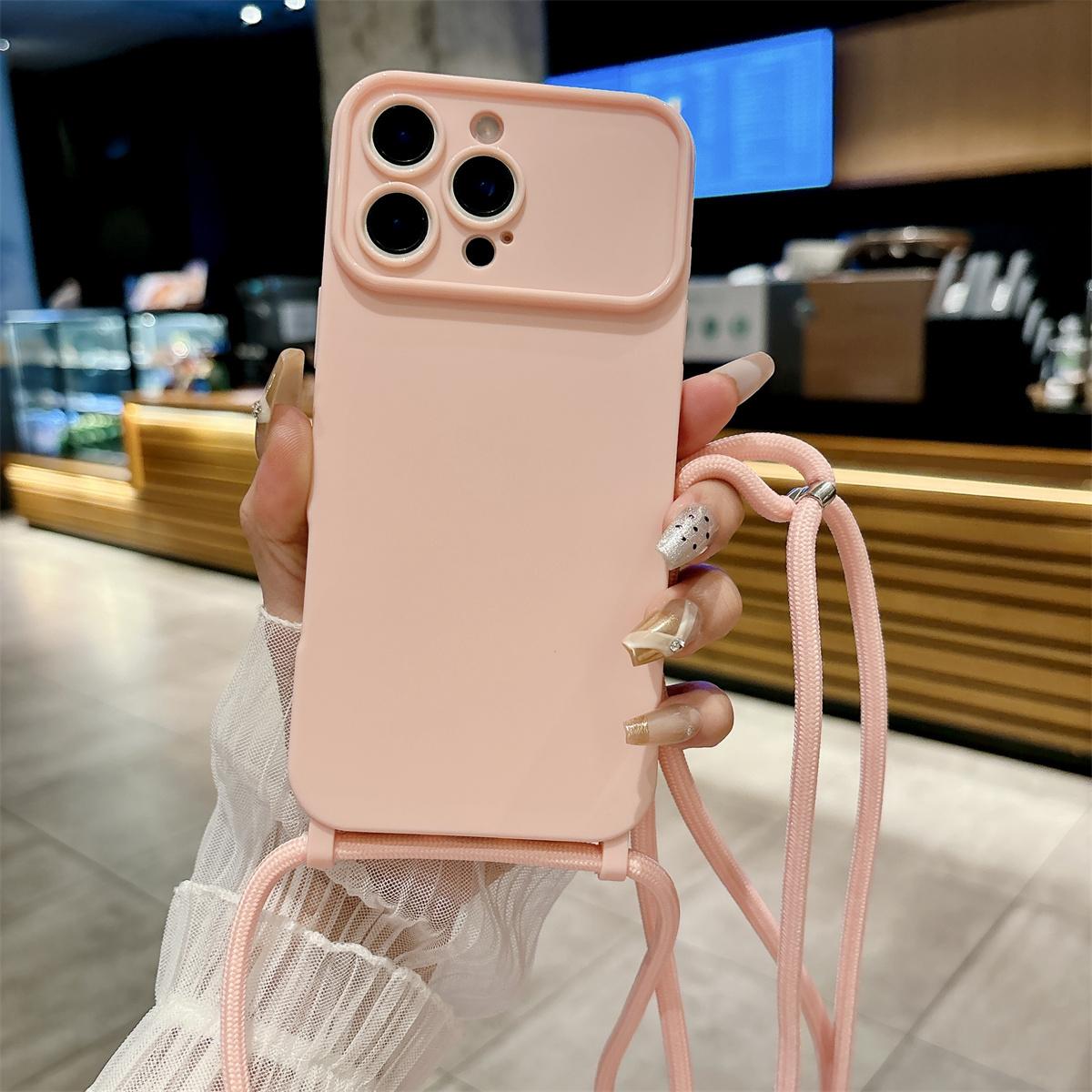 

Silicone Soft Crossbody Lanyard Phone Case for IPhone 16 15 14 13 Pro Max 12 11 Candy Color Camera Protection TPU Back Cover iPhone 15 розовый