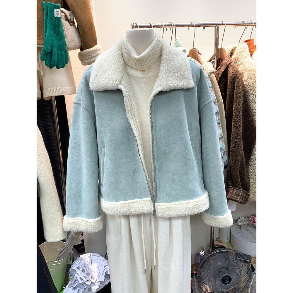 

Женская зимняя замшевая куртка корейского стиля для миниатюрных девушек с натуральной овчиной и мехом S (80-95 lbs) синий