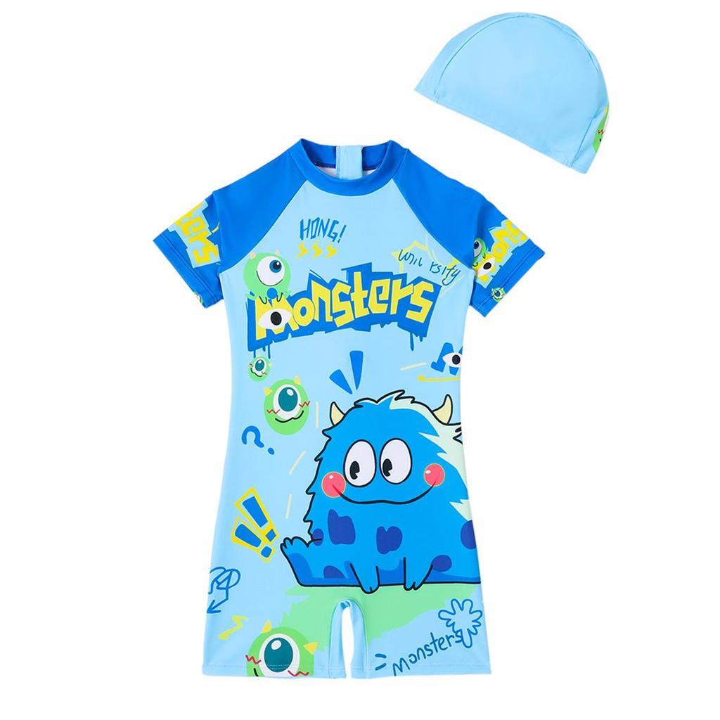 Chlapecké kreslené jednodílné plavky s krátkým rukávem na zip a ochranou proti slunci (2025)