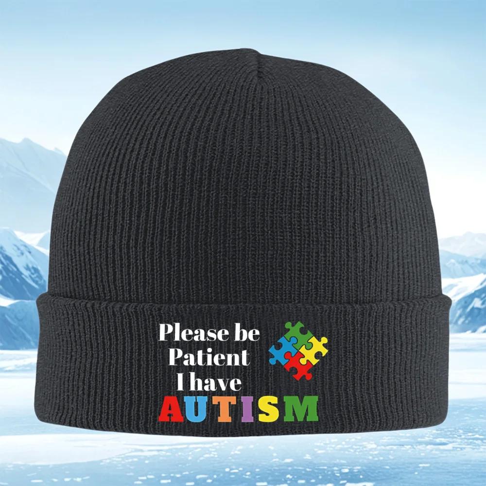 Puzzle Pieces Autism Awareness Sign Message Knitted Hat Unisex Women Unisex Beanie Pullover Cap Winter Thermal Warm Christmas Outdo