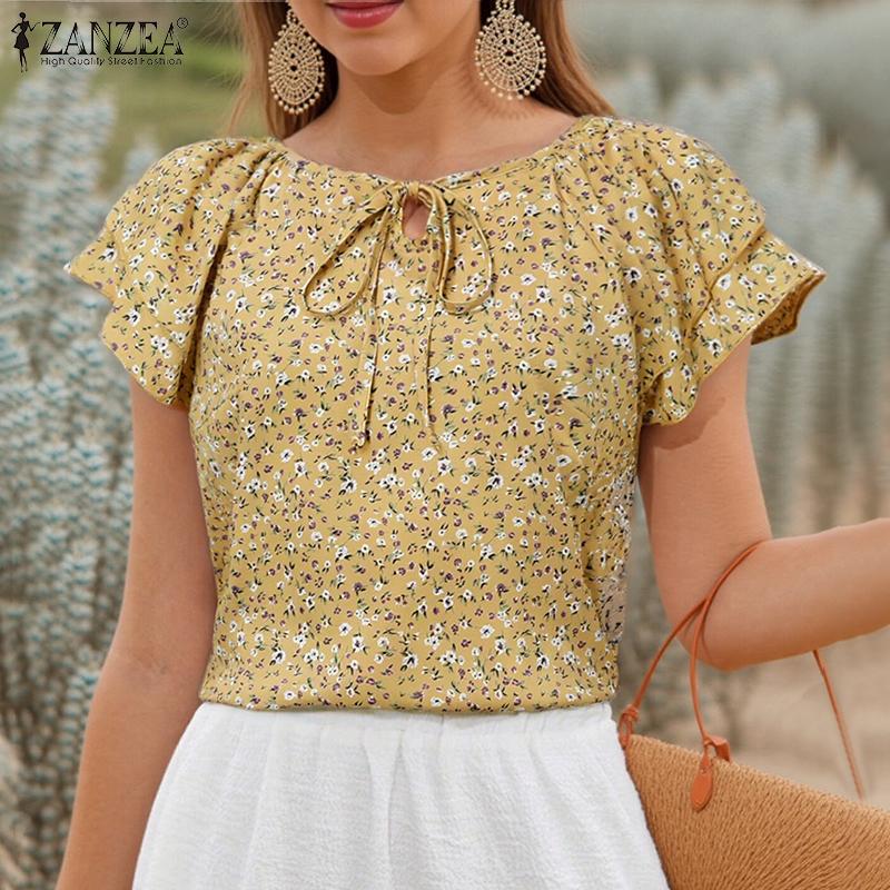 ZANZEA Women Summer Round Neck Ruffled Short Sleeve Floral Print Blouses
