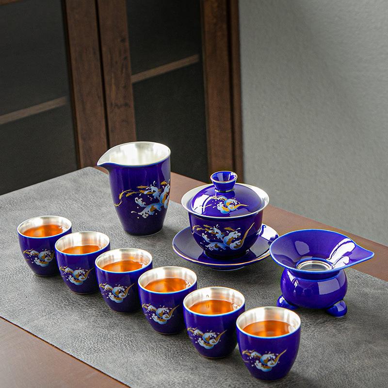 Pure Silver Tea Set Kung Fu Tea Cup Handmade Silver-Plated Gaiwan Gift Box Set Promotional Business Gift CustomizableLOGO