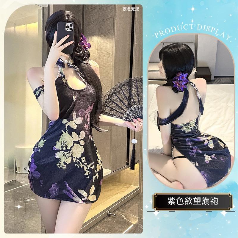Sex Underwear Temperament Printed Cheongsam Retro Pan Mouth Side High Split Hollow Improved Cheongsam Antique and Sexy