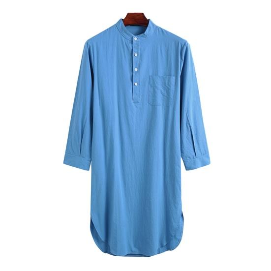 Мужская пижамная рубашка с длинным рукавом, однотонная универсальная ночная рубашка, повседневная одежда, дизайнерская рубашка с пуговицами, мужская поставка M синий