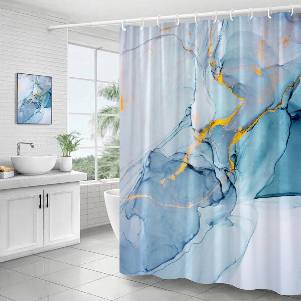 Abstract Blue Marble Shower Curtains Ink Art Textured Pattern Modern Polyester Fabric Home Bathroom Curtain Decor Set With Hooks