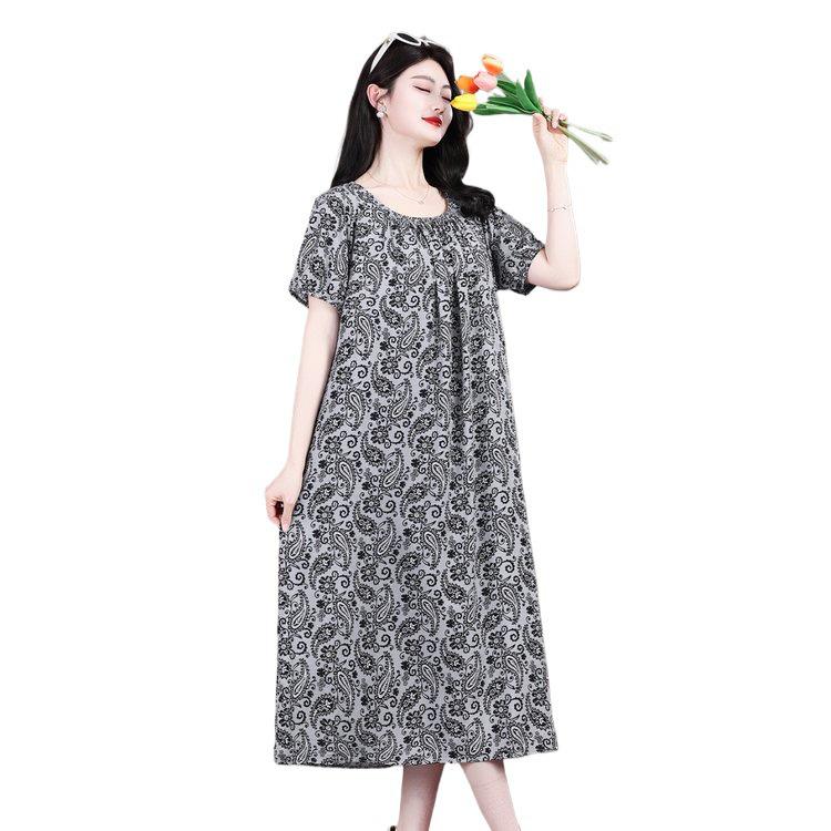 Summer 2026 Plus Size Cotton Silk Long Dress for Middle-Aged Women