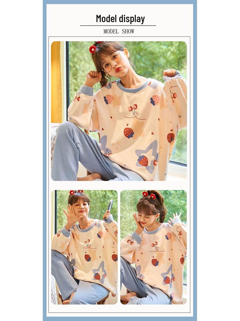 WeChat Herbst/Winter Damen Niedlicher Stil Rundhals Pyjama-Set - Langarm und Hose