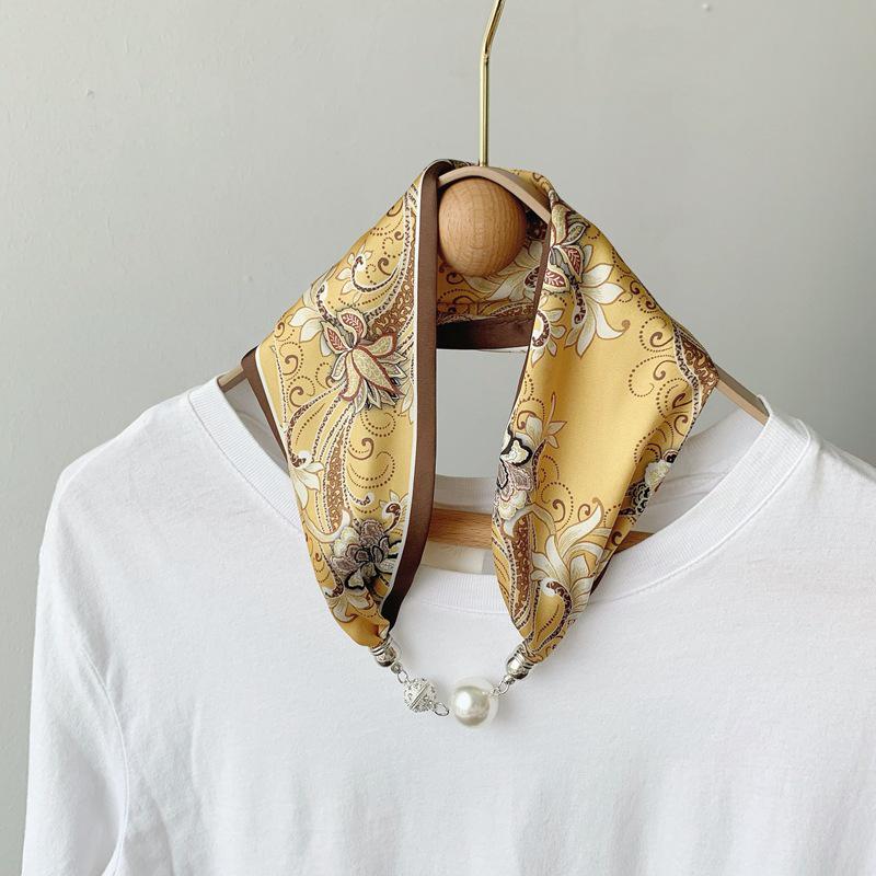 Lazy Magnetic Buckle Summer Scarf with Pearl Necklace Decoration for Women