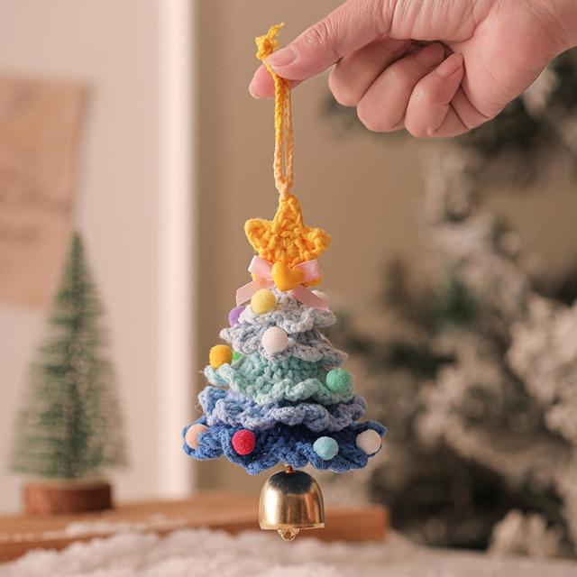 Crochet Christmas Tree Hanging Pendant - Knitted Plush Decor with Jingle Bell for Xmas Party & Home