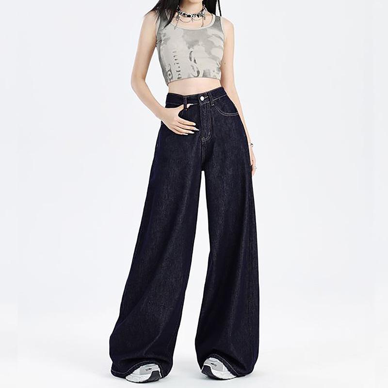 Spring and autumn American dark blue jeans women's 2025 new small high-waisted and thin straight loose wide-leg pants