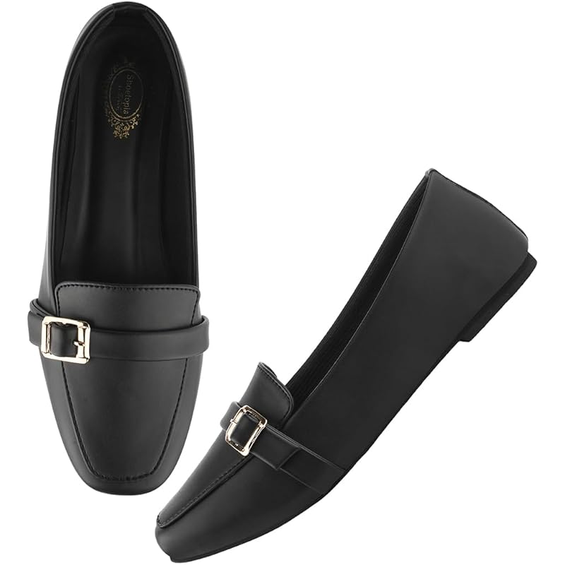 Shoetopai Women'S Black Classic Loafer Belly Shoes With Buckle Detail Comfortable Slip-On Flats For Office & Daily Eu39