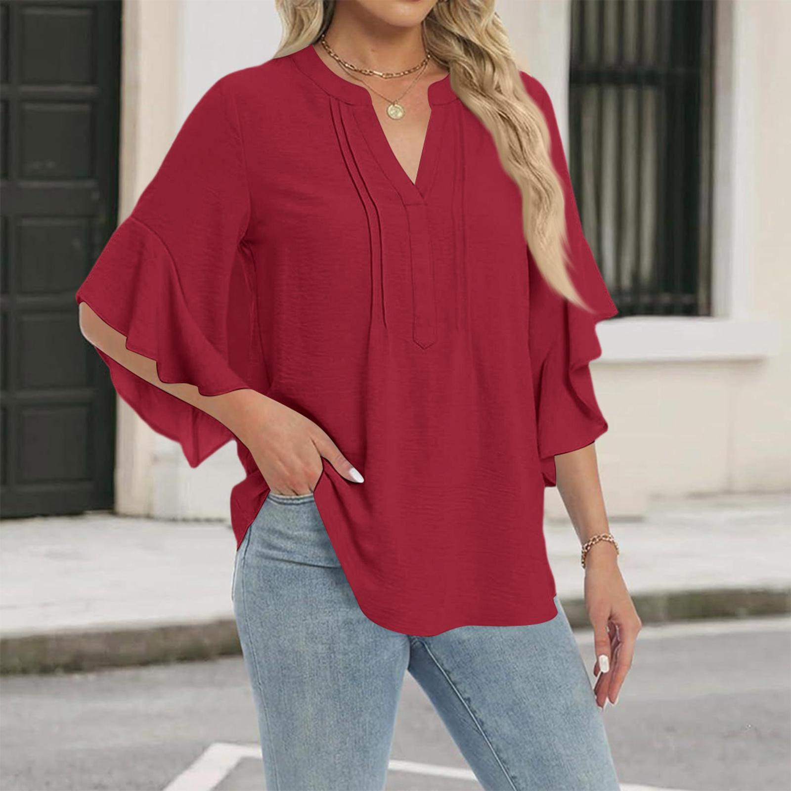 Women s fashionable casual three-quarter sleeve V-neck ruffle top M красный