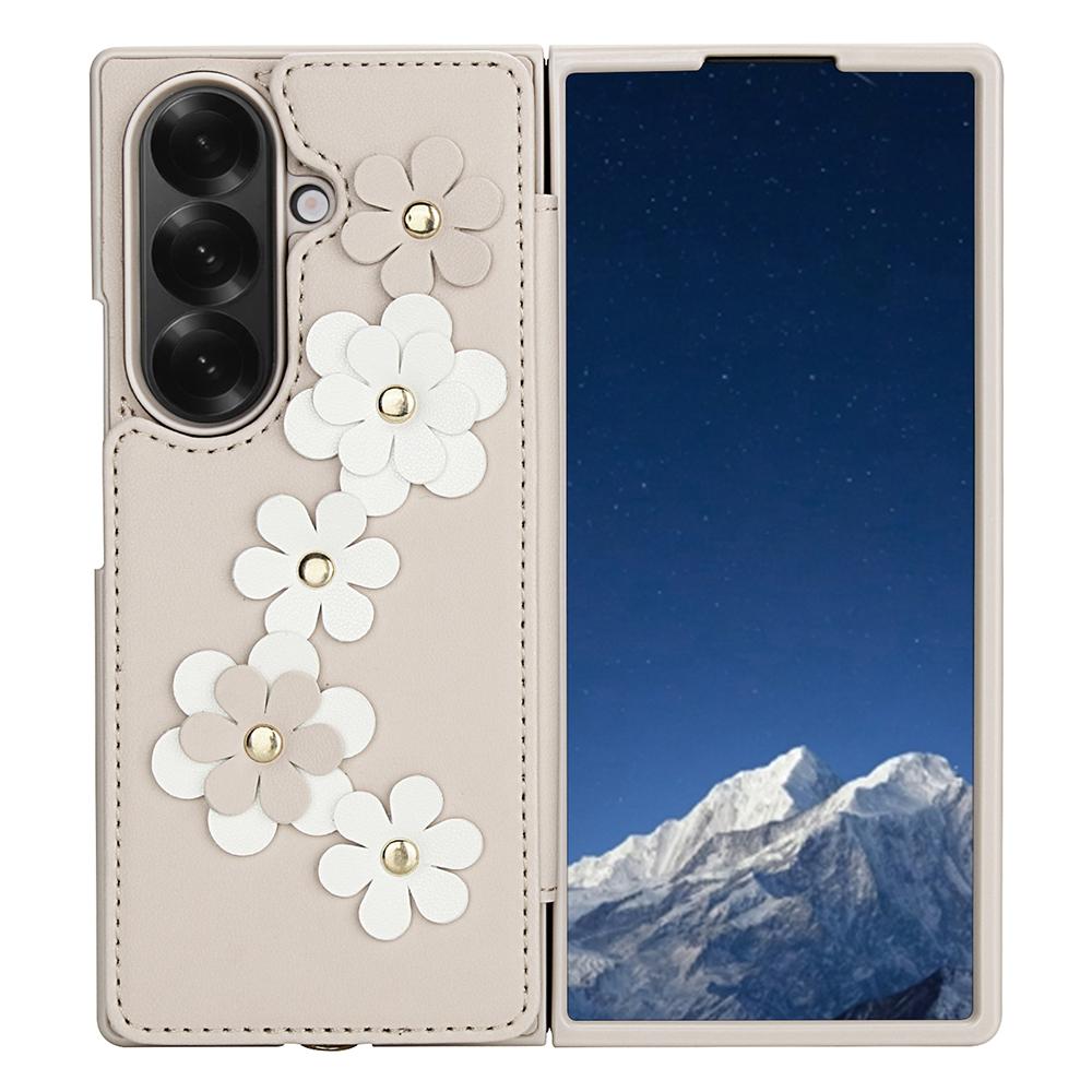 For Samsung Galaxy Z Fold7 5G Case Card Slots Leather Coated TPU Flower Phone Cover with 2 Straps