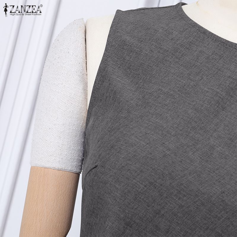 ZANZEA Women Casual Round Neck Solid Color Summer Sleeveless Dress