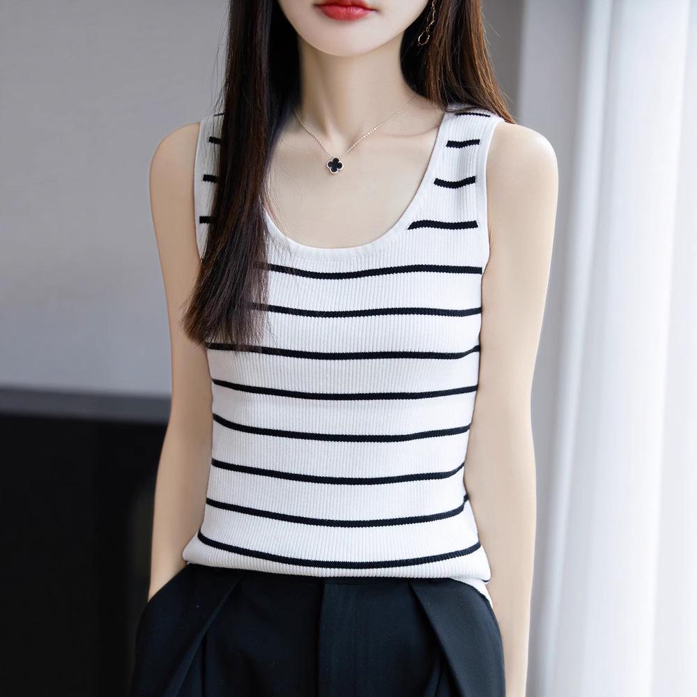 2025 Summer Women's Pure Cotton Striped U-neck Knitted Tank Top
