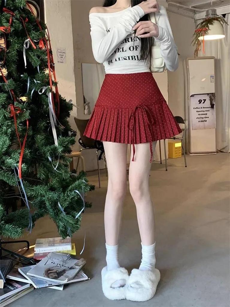 Polka Dot Bow Tie Pleated Mini Skirt with Lace-Up - A-Line, Anti-Exposure, Girlish Summer Design