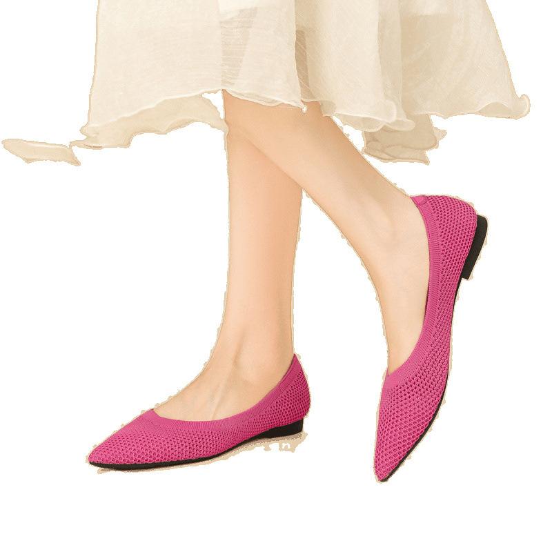 Gestrickte Einzelschuhe Damen neue Ein-Pedal-Weichsohlen-Fliegenstrickschuhe hohl und atmungsaktiv flachmündig spitz flache Schuhe
