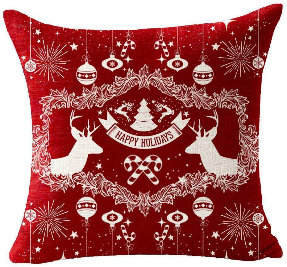 Red Plaid Sofa Linen Christmas Pillow Cover Reindeer Snowflake Home Cushion Cover