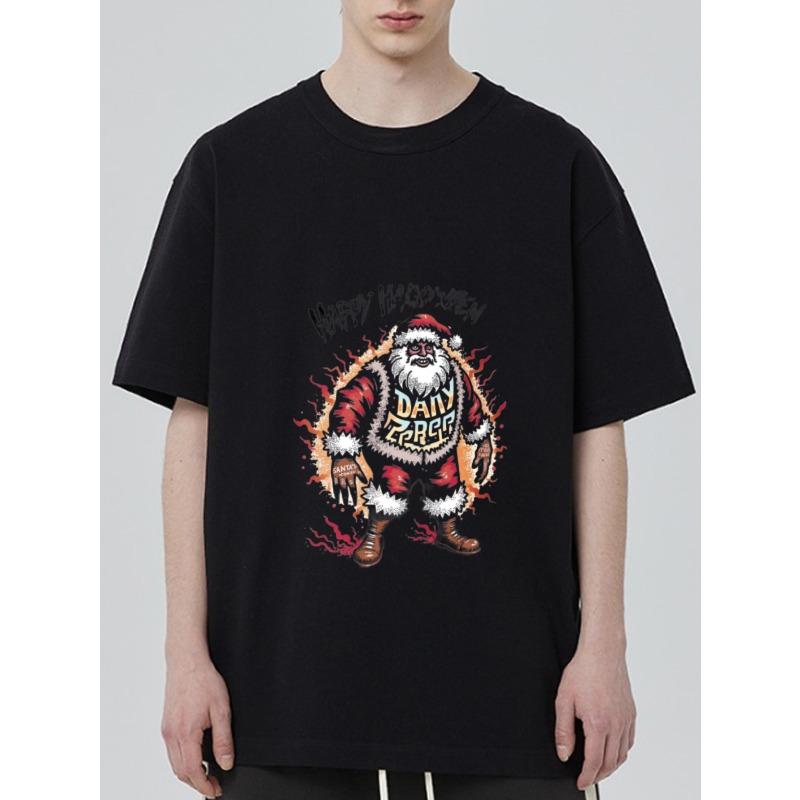 Black T-Shirt with Santa Claus and Flames Print Happy Halloween Design for Casual Wear