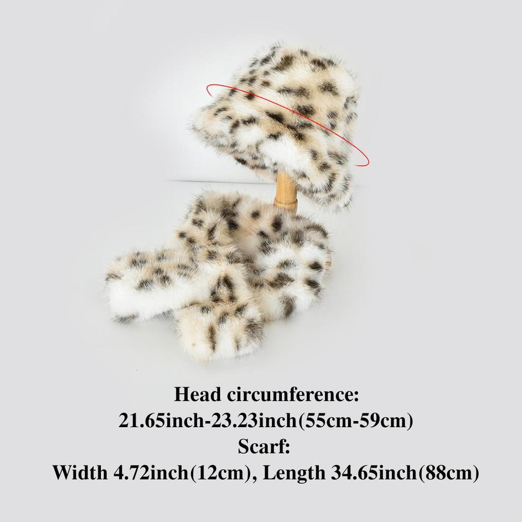 Women's Faux Mink Fur Bucket Hat Scarf Set, Classic Leopard Print Vegan Faux Fur Warm Set, Faux Fur Hat and Scarf For Winter