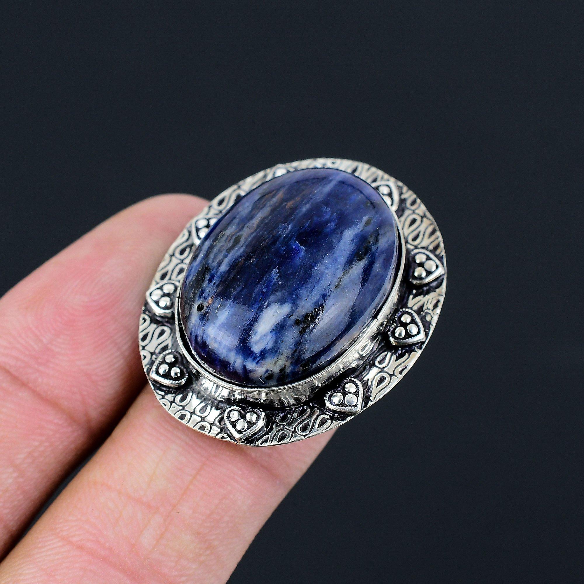 Anniversary Gift For Her Natural Sodalite Stackable Ring Size 6.5 925 Silver 6.5