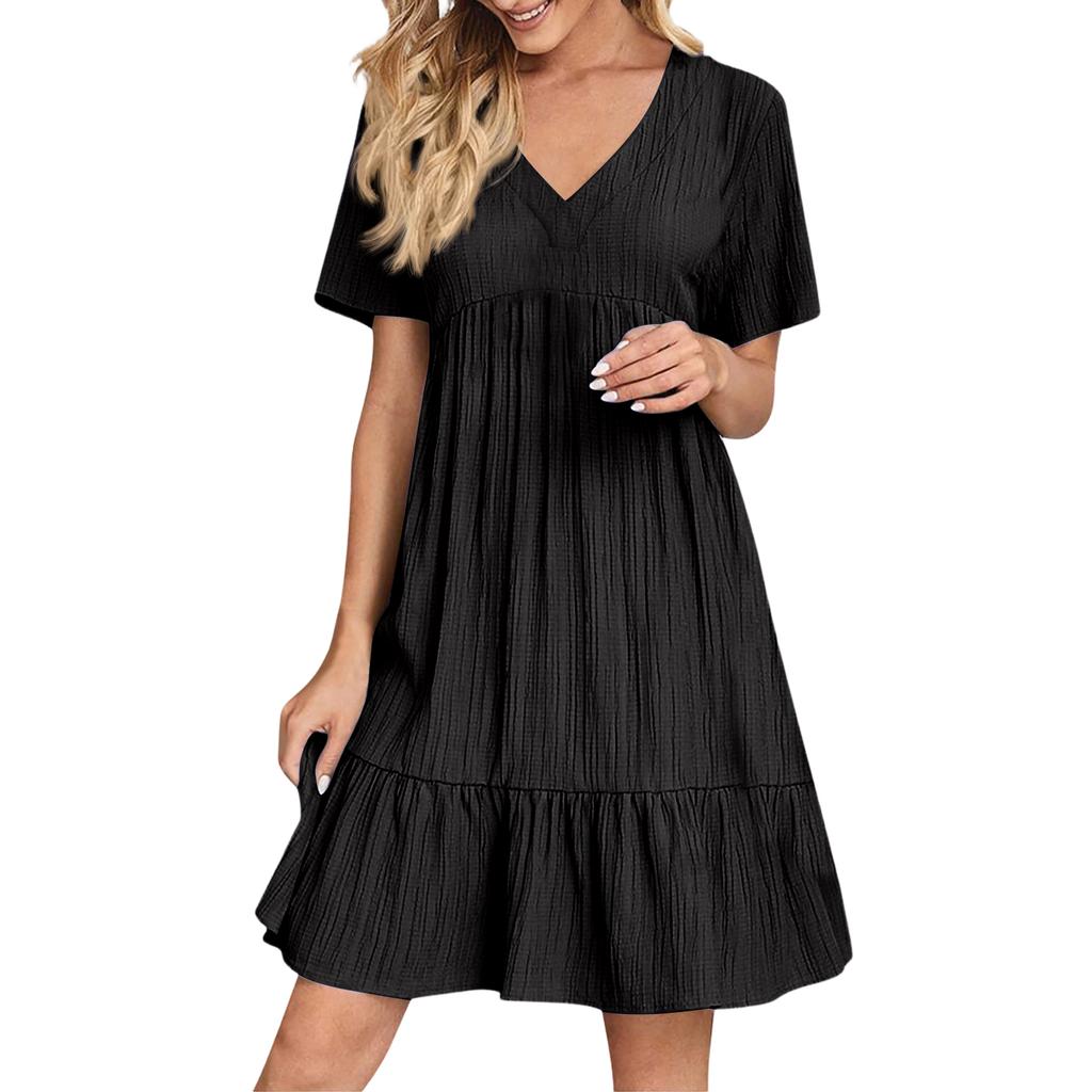 Women's  Color Casual Fashion V-neck Short Sleeved Dress