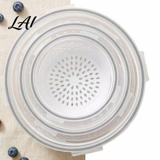 Stackable Vegetable Crisper Round Fruit Storage Container 2-Layer Food-Grade PP with Food-grade Plastic Drain Basket Leak-Proof Sealed Box