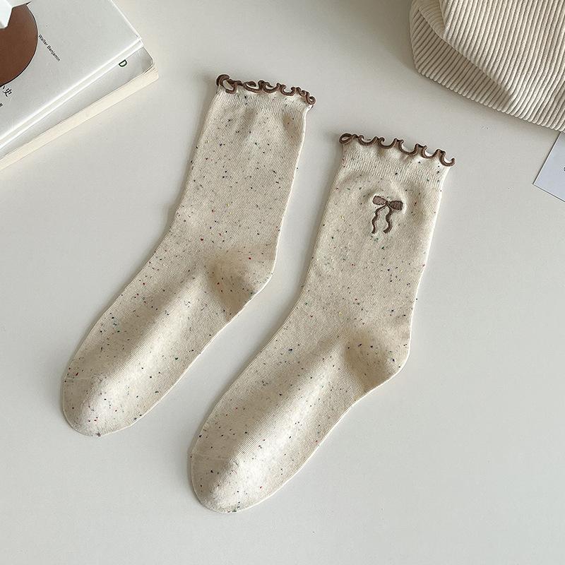 SCIONE Women's Pile Socks Solid Color Cotton Socks Spring and Autumn Yarn Stockings Cute Kapibala Series Ruffled Trim Embroidered Girl Socks