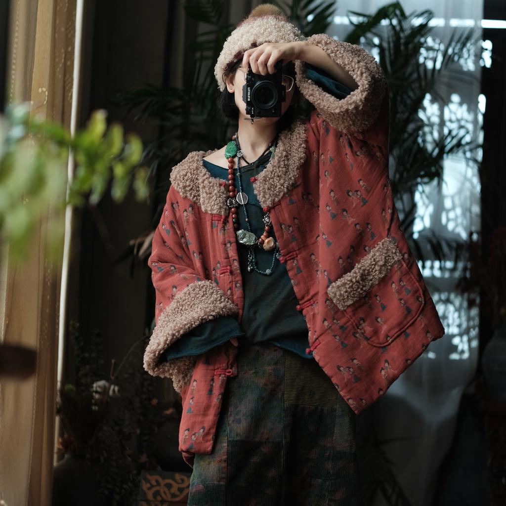 Johnature Women Plaid Khaki Vintage Button Long Sleeve Coats Winter Chinese Style Patchwork Blend Pockets Coats